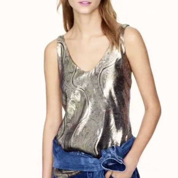 J. Crew Womens Silk Paisley Tank Top Size 0 Gold Boho Grunge Festival Whimsigoth - Picture 1 of 9